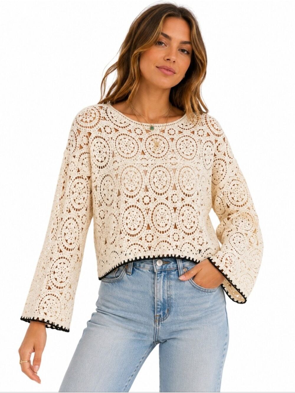 CAPRI Crochet Open Knit Long Sleeve Cream Color Sweater Size Large
